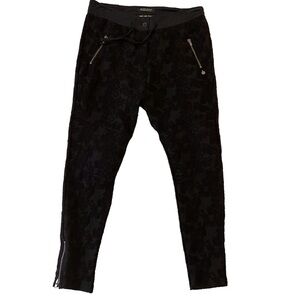 Maison Scotch black pants floral velvet bikercore pull on oversized zip pocket 1